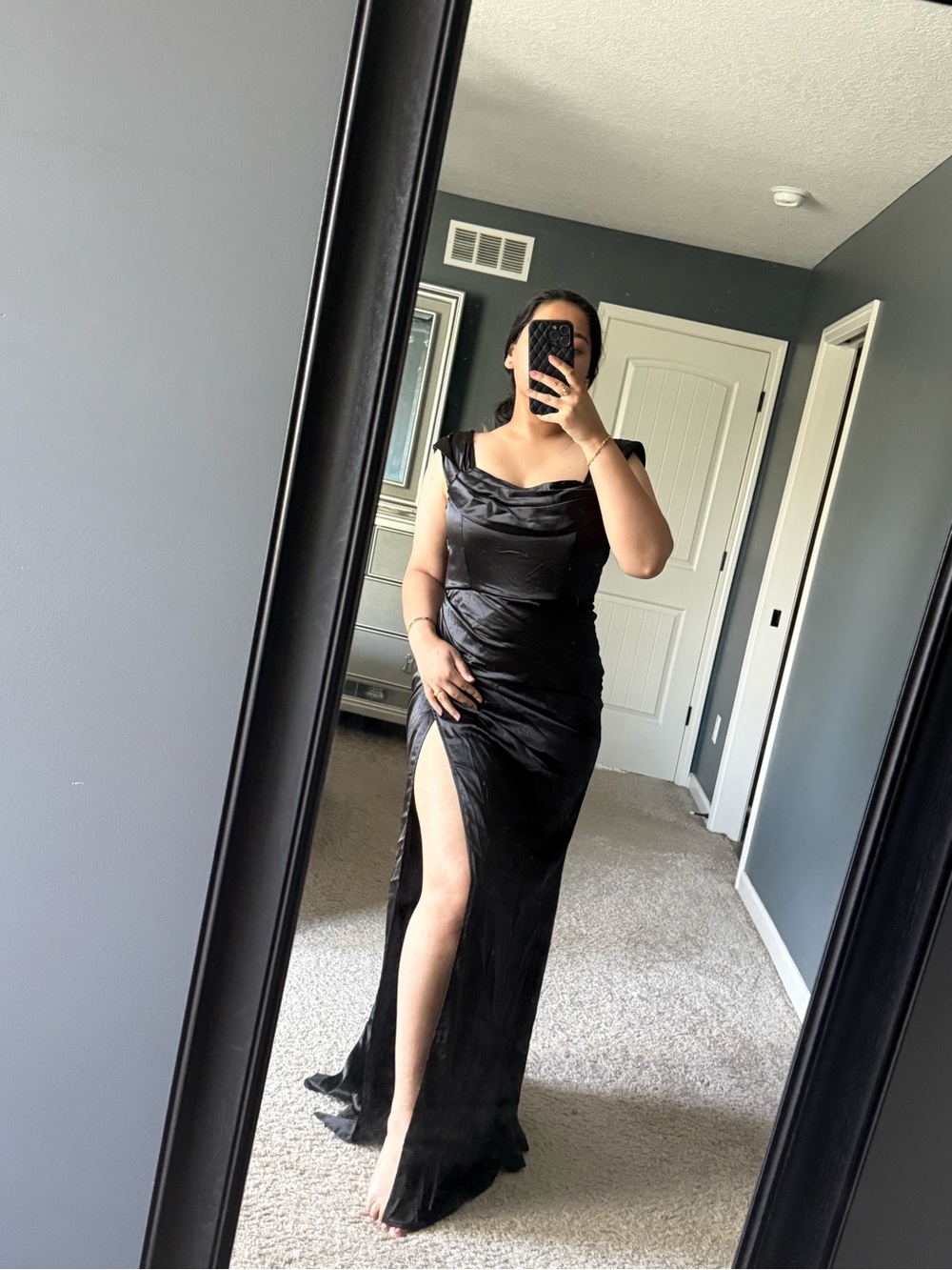 Lulu's Black Satin Cowl Neck Prom Gown with High Slit